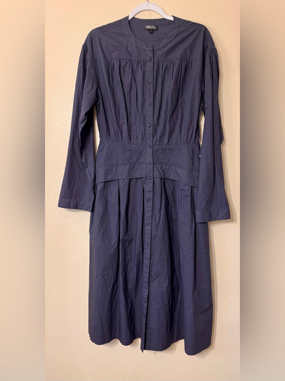 Area Stars Navy Button Front Midi Shirt Dress Long Sleeve Size L